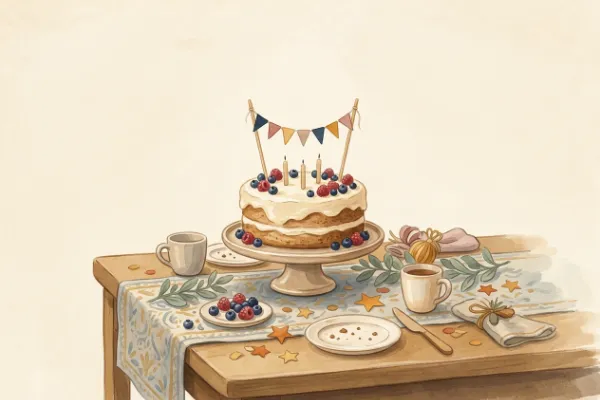 Kuchen zum Kindergeburtstag mit 5 Jahren: Festliche Torte mit Beeren und bunten Tortensteckern auf dem Tisch
