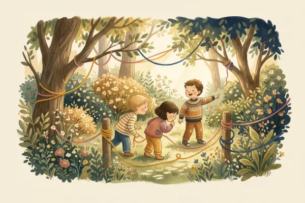 Kindergeburtstag mit 5 Jahren: Kinder folgen bei einer Schatzsuche bunten Wollbändern durch den Garten