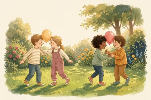 Ballontanz beim Kindergeburtstag mit 5 Jahren: Kinder balancieren gemeinsam Luftballons auf einer Wiese