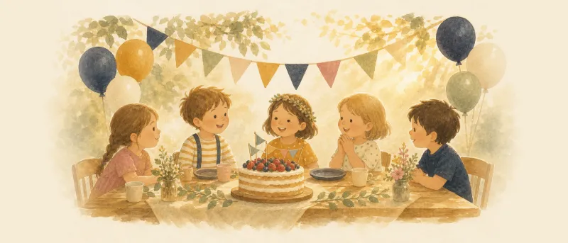 Kindergeburtstag mit 5 Jahren: Kinder an einem festlich gedeckten Tisch mit Kuchen, Luftballons und Motto-Deko