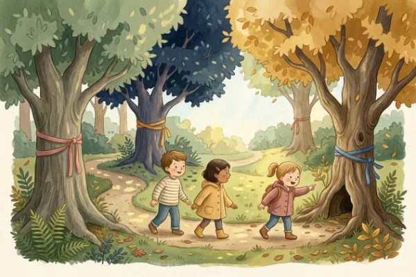 Kinder folgen bunten Bändern im Park zu einer Station bei der Schatzsuche