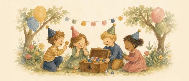 Kindergeburtstag mit 6 Jahren: Kinder feiern im Garten mit Luftballons, Girlanden und einer Schatzkiste