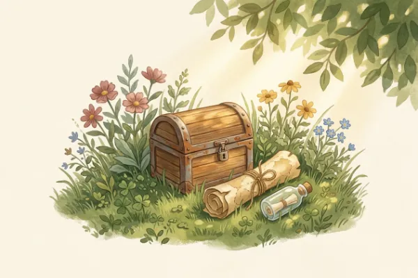Schatzsuche im Garten: Schatzkarte, Hinweise in einer Flasche und eine Schatzkiste auf der Wiese