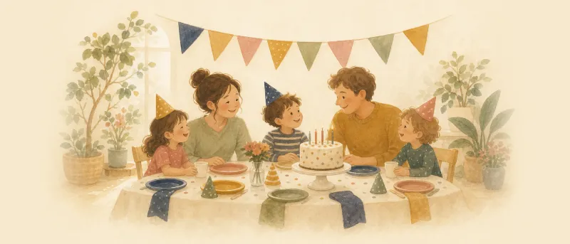 Titelbild: Festlich gedeckter Geburtstagstisch zum Kindergeburtstag mit 7 Jahren mit Wimpelkette, Kuchen und bunten Tellern