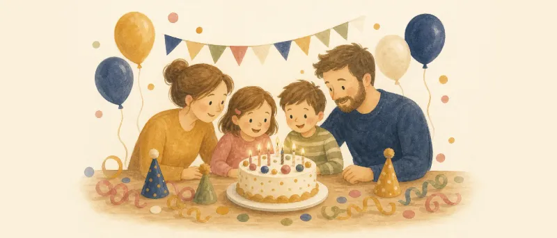 Titelbild: Festlich gedeckter Tisch mit Kuchen, Luftballons und Girlanden zum Kindergeburtstag mit 8 Jahren