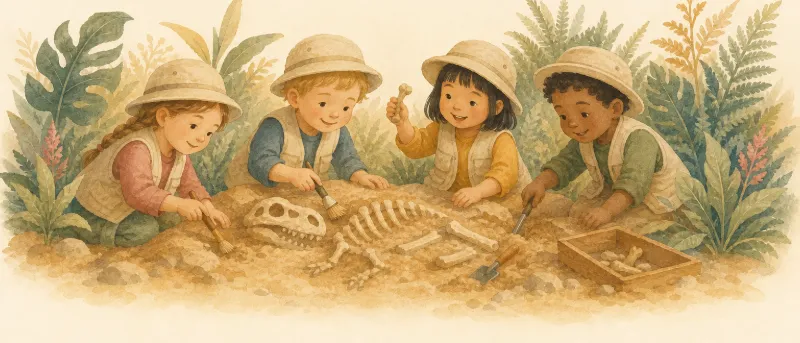 Kinder feiern eine Dino-Party im Garten und graben an einer Ausgrabungsstätte nach Dinoknochen