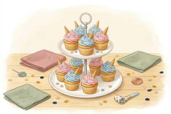 Einhorn-Muffins mit rosa Guss und Zuckerperlen auf einem Geburtstagstisch
