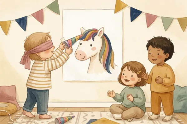 Kind mit Augenbinde klebt ein Papphorn auf ein Einhorn-Poster beim Spiel auf dem Einhorn-Kindergeburtstag