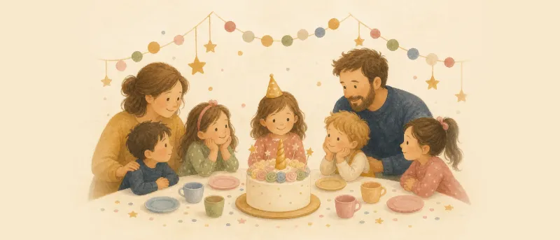 Einhorn-Kindergeburtstag: festlich gedeckter Tisch mit Regenbogen-Girlande, Einhorntorte und Glitzer-Deko