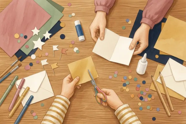 Basteltisch mit buntem Papier, Schere und Karten für die Einladung zum Kindergeburtstag