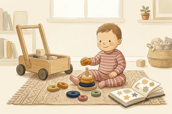 Kleinkind mit Holzstapelturm, Lauflernwagen und Pappbilderbuch als Geschenke zum ersten Geburtstag