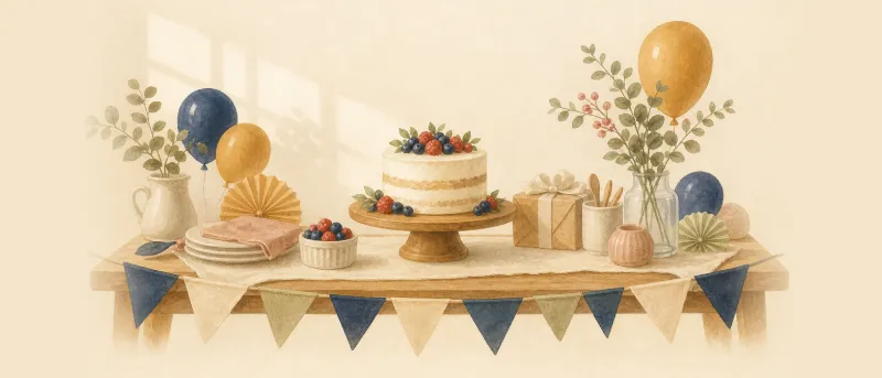 Festlich geschmückter Tisch mit Geburtstagskuchen und Wimpelkette für den ersten Geburtstag