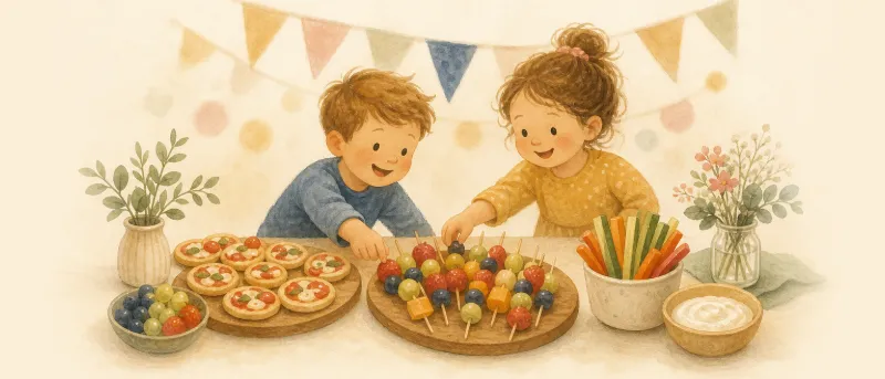Buntes Buffet mit Fingerfood und Obstspießen als Essen für den Kindergeburtstag, Kinderhände greifen zu Mini-Pizzen und Gemüsesticks