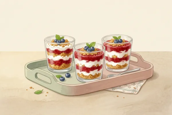 Dessert im Glas mit Quarkcreme, Fruchtpüree und Kekskrümeln als Nachtisch für den Kindergeburtstag