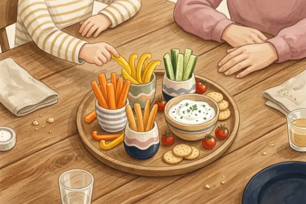 Bunte Gemüsesticks mit Kräuterquark-Dip in einer Schale für das Essen am Kindergeburtstag