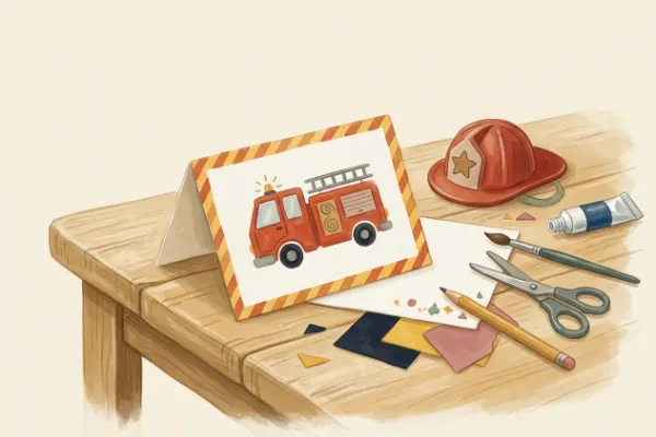 Selbstgebastelte Einladungskarte mit Feuerwehrauto für den Feuerwehr-Kindergeburtstag auf einem Holztisch