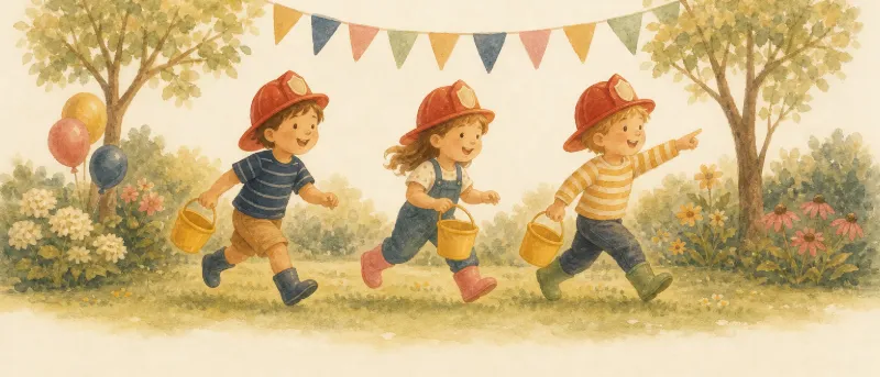 Kinder mit roten Helmen beim Feuerwehr-Kindergeburtstag im Garten