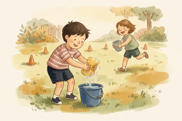 Wasserstaffel mit Schwämmen und Eimern beim Feuerwehr-Kindergeburtstag