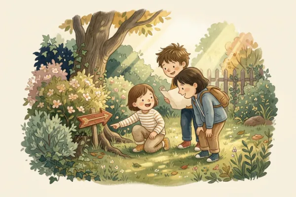 Kinder folgen Hinweisen bei einer Schatzsuche im Garten – Geburtstagsspiel für den Kindergeburtstag