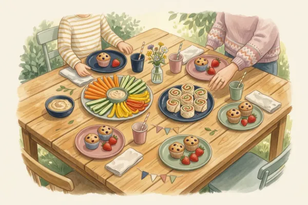Bunter Snackteller mit Obst, Wraps und Muffins für das Essen beim Kindergeburtstag