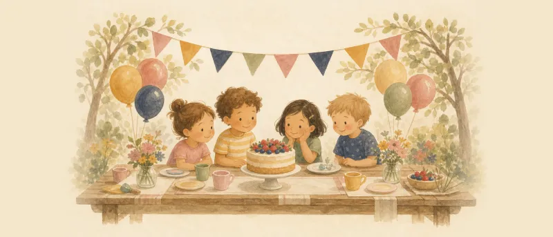 Kindergeburtstag Ideen: festlich gedeckter Tisch mit bunter Deko, Kuchen und Luftballons im Garten