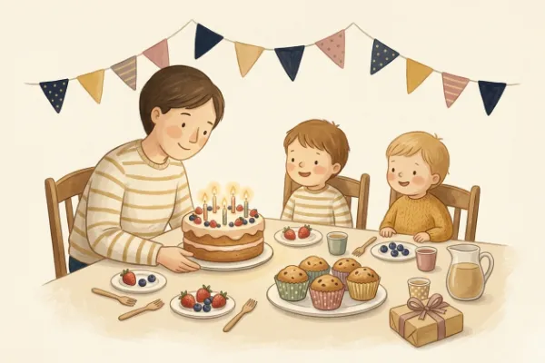 Geburtstagskuchen mit Kerzen und bunte Muffins für die Gäste auf einem Kindertisch