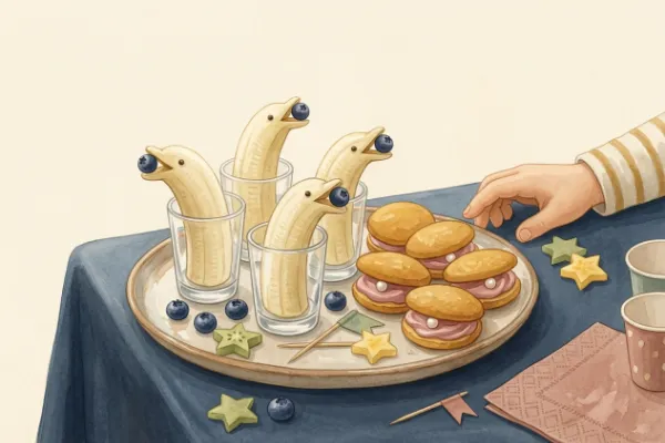 Bananen-Delfine und Muschelkekse auf einem blau gedeckten Geburtstagstisch