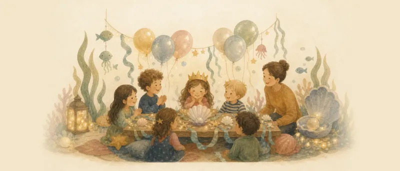 Festlich gedeckter Tisch zur Meerjungfrau-Party mit Muscheln, Seegras aus Krepppapier und Ballons in Meeresfarben