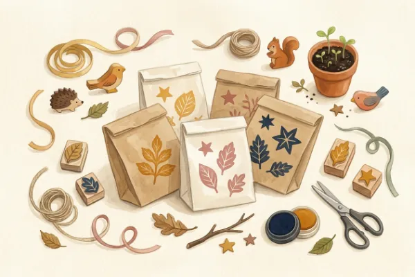 Bestempelte Papiertüten mit Holzfiguren und Pflänzchen im Tontopf als Mitgebsel für den Kindergeburtstag.