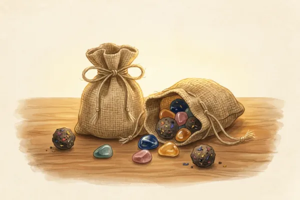 Jutesäckchen mit Edelsteinen und Samenbomben als Mitgebsel für den Kindergeburtstag