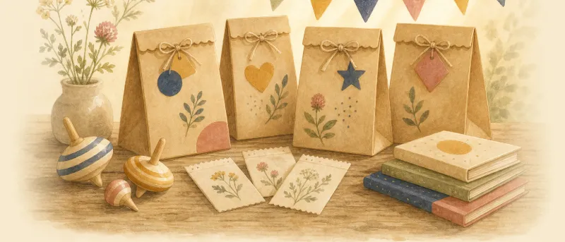Mitgebsel für den Kindergeburtstag: Gefüllte Papiertüten mit Holzkreiseln, Samenpäckchen und kleinem Buch auf einem Holztisch.