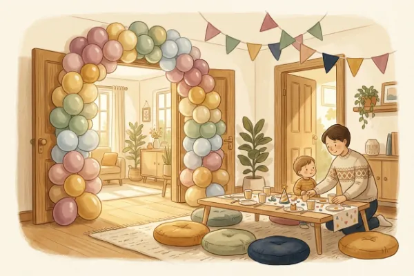Ballonbogen in Regenbogenfarben und Wimpelkette als Deko für ein Motto beim Kindergeburtstag