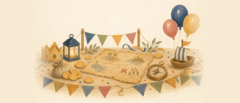 Festlich gedeckter Tisch mit Piraten-Deko, Schatzkarte und Goldmünzen für ein Motto Kindergeburtstag