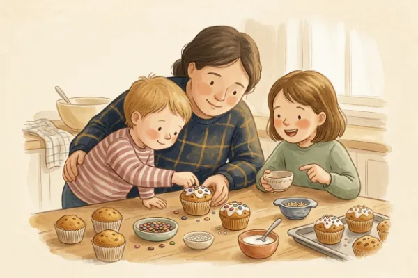 Kinder dekorieren Muffins für den Kindergeburtstag mit Zuckerguss und bunten Schokolinsen