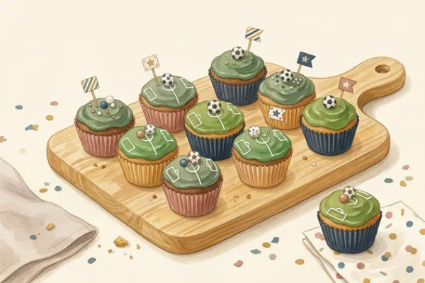 Muffins mit grünem Zuckerguss als Fußball-Muffins für den Kindergeburtstag