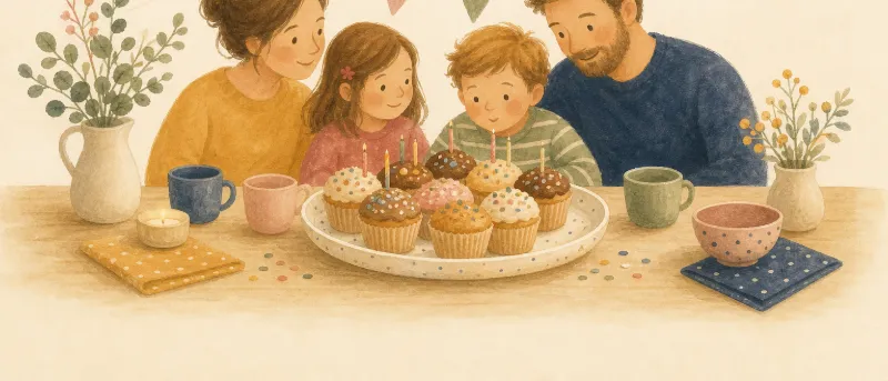 Bunte Muffins für den Kindergeburtstag mit Zuckerstreuseln auf einem Geburtstagstisch – muffins kindergeburtstag als Titelbild