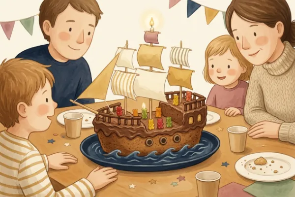 Piratenschiff-Kuchen aus Rührkuchen mit Papiersegel, Gummibärchen und Schokostäbchen