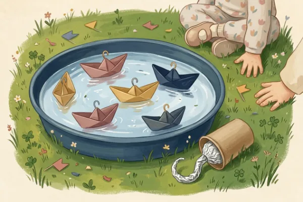 Papierboote mit Drahtösen in einer Wasserwanne und gebastelte Hakenhand für den Piraten-Kindergeburtstag