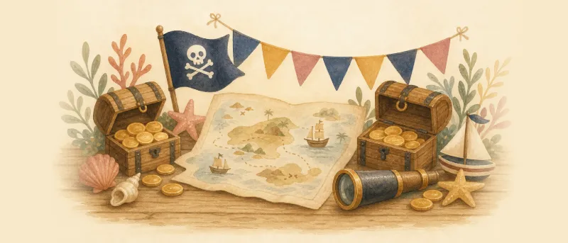 Kindergeburtstag mit Piraten: Festtafel mit Schatzkarte, Fernrohr und gebastelter Piratenflagge