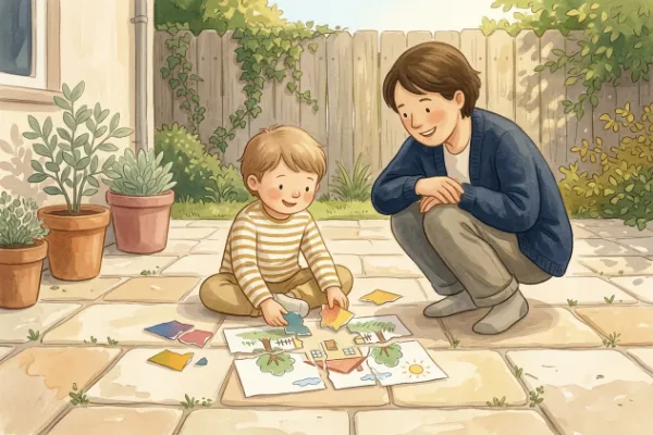 Schatzsuche zum Kindergeburtstag: Kind setzt an einer Station ein Bilderrätsel zusammen, begleitet von einem Erwachsenen.