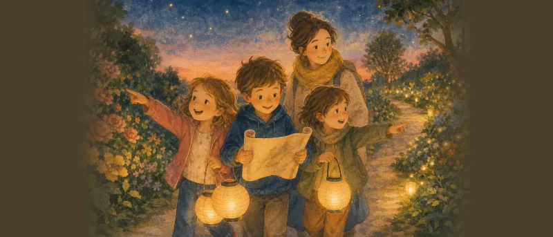 Kinder mit Schatzkarte und Laternen auf dem Weg zum Versteck bei einer Schatzsuche zum Kindergeburtstag im Garten