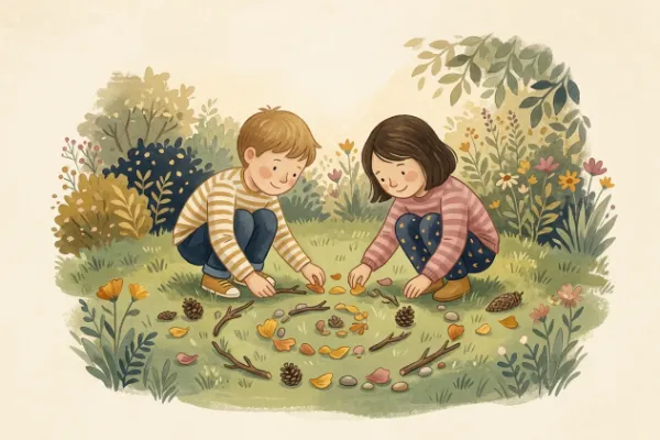 Kinder legen aus Blumen, Stöcken und Steinen ein Bild in die Wiese