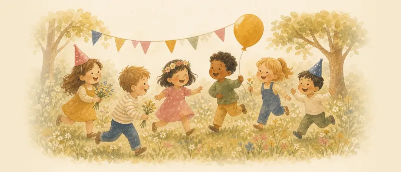 Kinder spielen Kindergeburtstag Spiele draußen auf einer Wiese im Garten