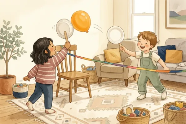 Zwei Kinder spielen Luftballon-Tennis mit Papptellern über einem gespannten Band im Kinderzimmer