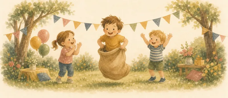 Kinder spielen Spiele für den Kindergeburtstag im Garten und hüpfen in Säcken um die Wette