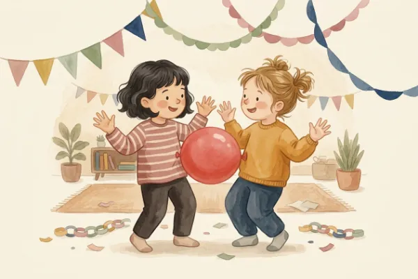 Zwei Kinder halten beim Luftballon-Tanz einen Ballon zwischen den Bäuchen
