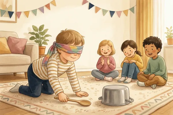 Kind mit Augenbinde sucht beim Topfschlagen den Topf, andere Kinder rufen Hinweise