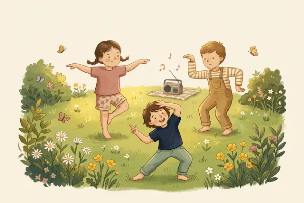 Illustration von Kindern in lustigen Statuen-Posen beim Stopptanz im Garten