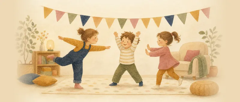 Stopptanz auf dem Kindergeburtstag: Illustration von tanzenden Kindern, die beim Musikstopp mitten in der Bewegung erstarren
