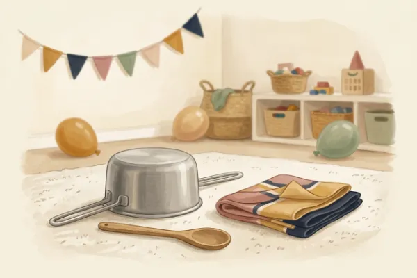 Kochtopf, Kochlöffel und ein Schal als Augenbinde liegen bereit für Topfschlagen auf dem Kindergeburtstag